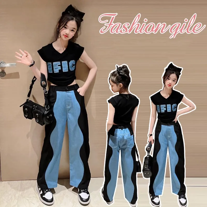 

Korean Summer Children Girl 2PCS Clothes Set Teenager Girl Printed T-shirt+Contrast Straight Pants Set For Girls From 4-12Yrs