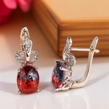 Oval Stone Rose Red Blue Crystal Zircon Hoop Earrings For Women Vintage Gold Color Ear Buckle Bridal Wedding Jewelry Party Gifts