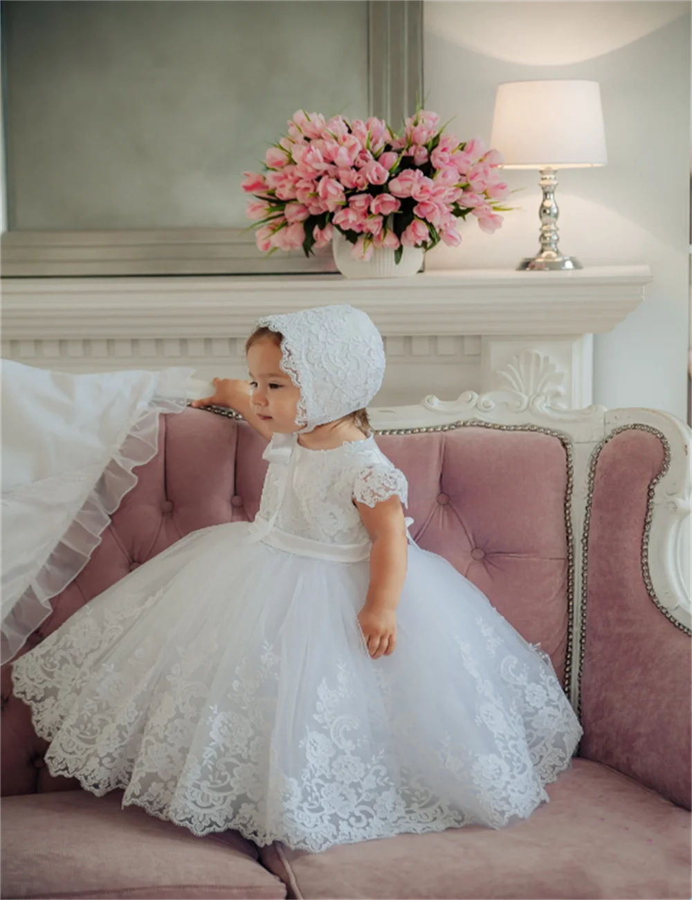 Baptize One Year Old Flower Girl Dress Lace Appqulies For Wedding Tulle Skirt White Ball Gown Sleeveless Communion Clothes flower girl dresses