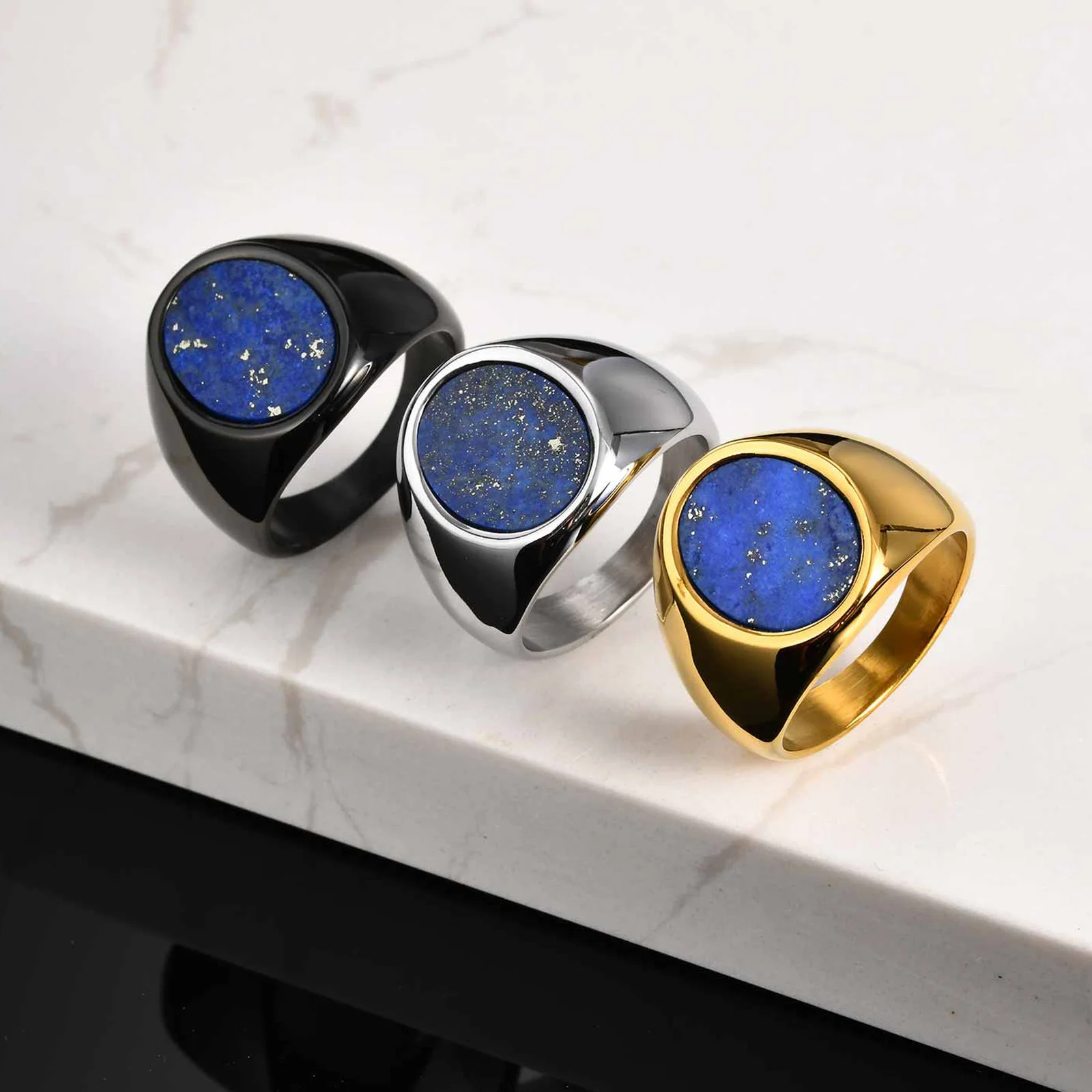Wasserdichter ovaler Naturstein-Ring für Männer und Jungen, Lapislazuli-Stempelring aus Edelstahl, Daumenring, Punk-Geburtstagsparty-Geschenk