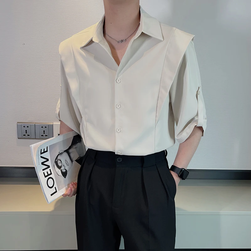 

Fashion Casual Half Sleeved Summer Tuxedo Shirts for Men Trend Turndown Collar Button Business Social Male Shirt Prom Party Wear