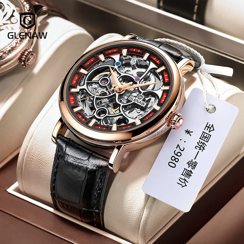 GLENAW Orologio Uomo Automatico A Tourbillon – Quadrante Scheletrato, Cinturino In Acciaio, Impermeabile 3ATM, Luminoso, Regalo Uomo
