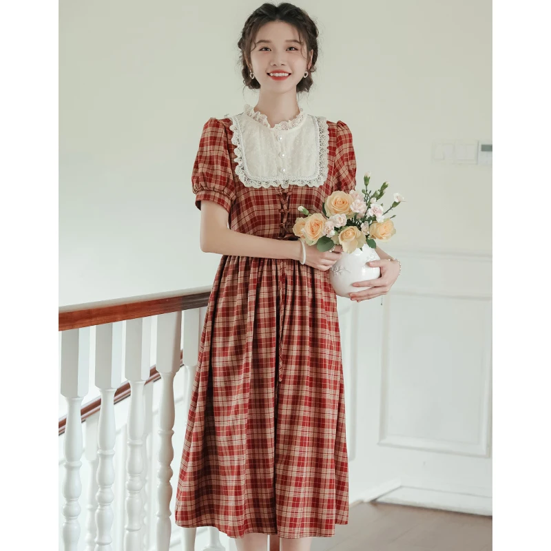 

2023 Spring Summer New Women's Dress Vintage and Fashionable Style Panel Checked Round Neck Short Sleeve Free Shipping