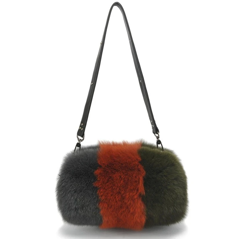 2023 Women's New Fur Shoulder Bag Natural Fox Fur Fashion Casual Bucket Bag Zipper Closed Tri-color Crossbody Fur Bag
