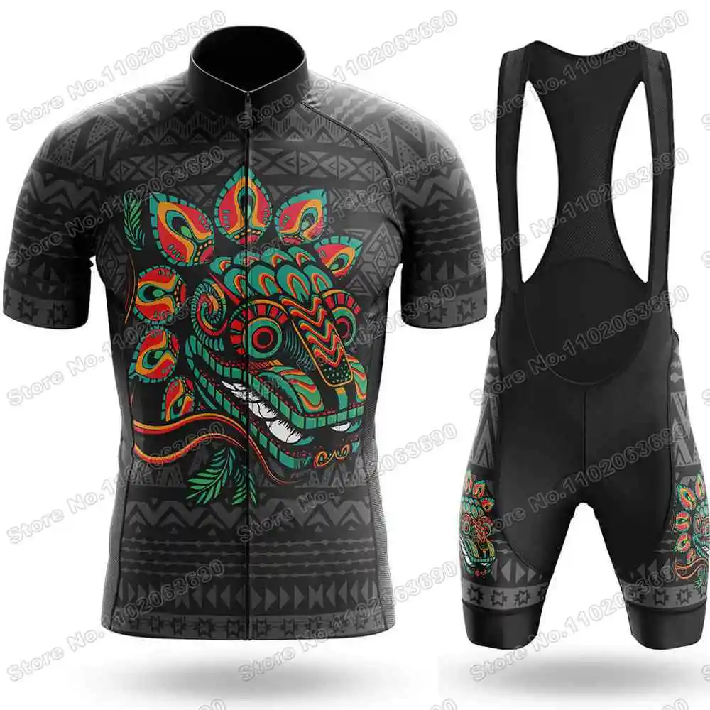 Mexico Cycling Clothing Mexican Aztec Axolotl Quetzalcoatl Aztec Jaguar Cycling Jersey Set Men Road Bike Shirt Suit MTB Uniform