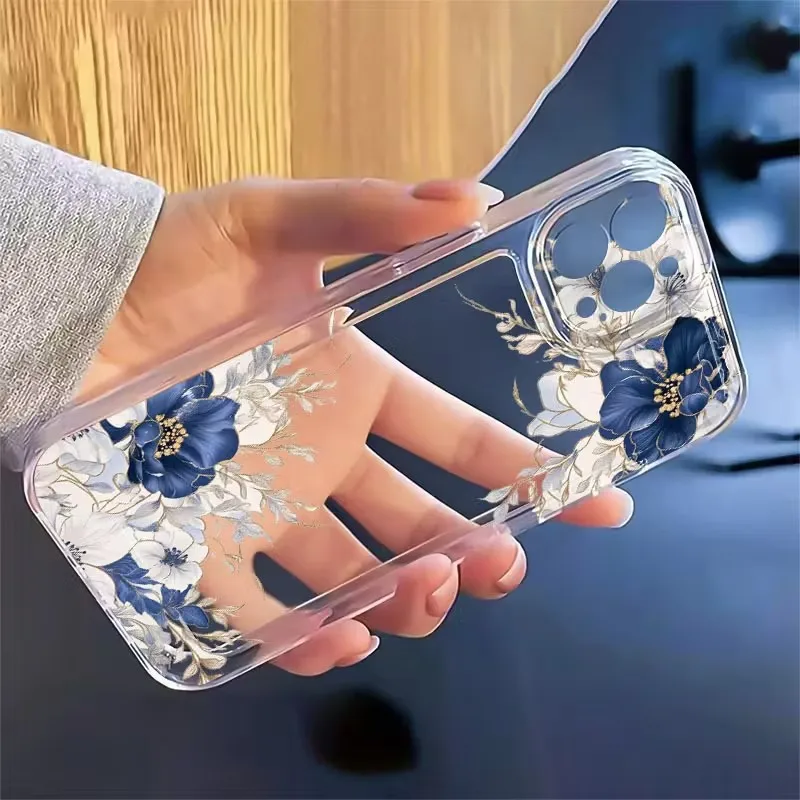 Elegant Blue and White Floral Design Clear Phone Case - Soft TPU Cover