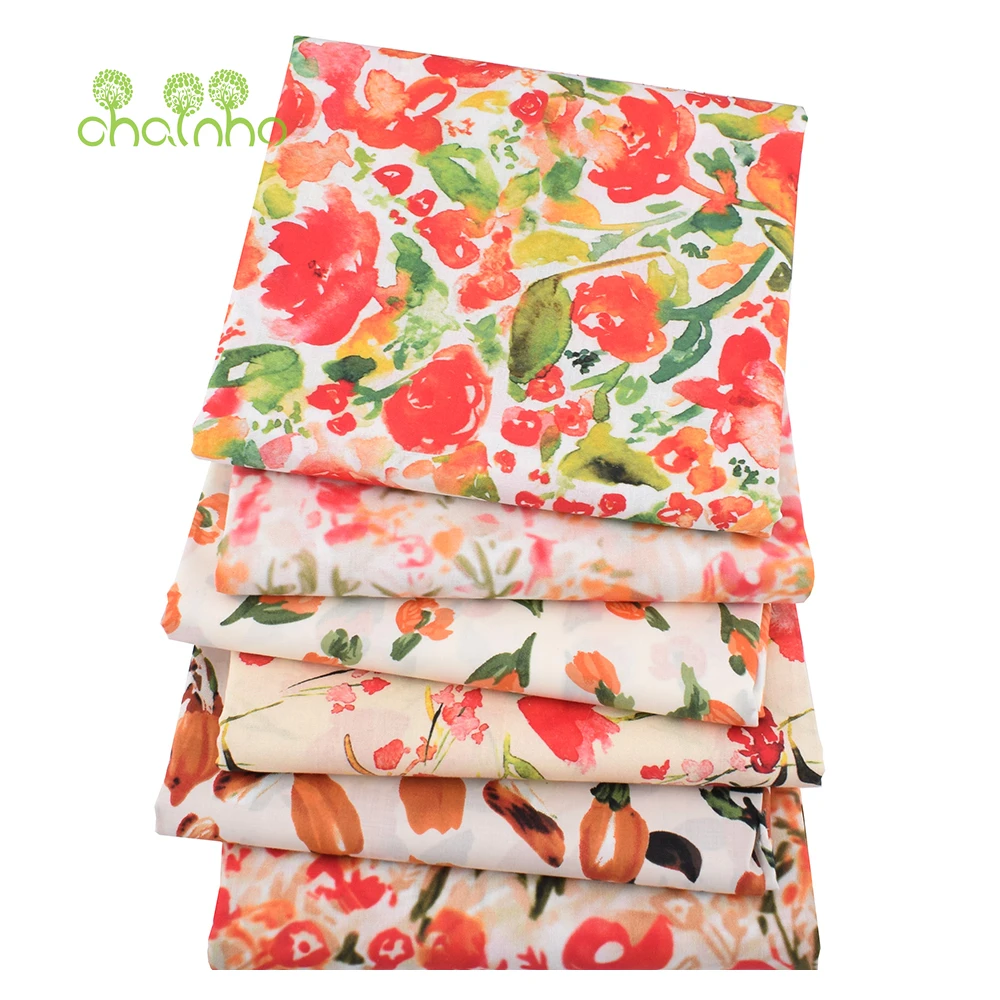 Chainho,Printed Plain Weave Poplin Cotton Fabric,DIY Quilting Sewing Material,Patchwork Cloth,Floral Series,3 Sizes,15PC152