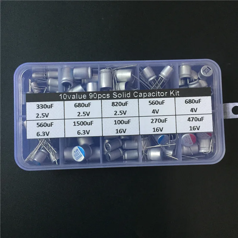 10values 90pcs solid capacitor assorted kit 2.5V/4V/6.3V/16V 100uF 270uF 330uF 470uF 560uF 680uF 1500uF With free storage box Solid Capacitor