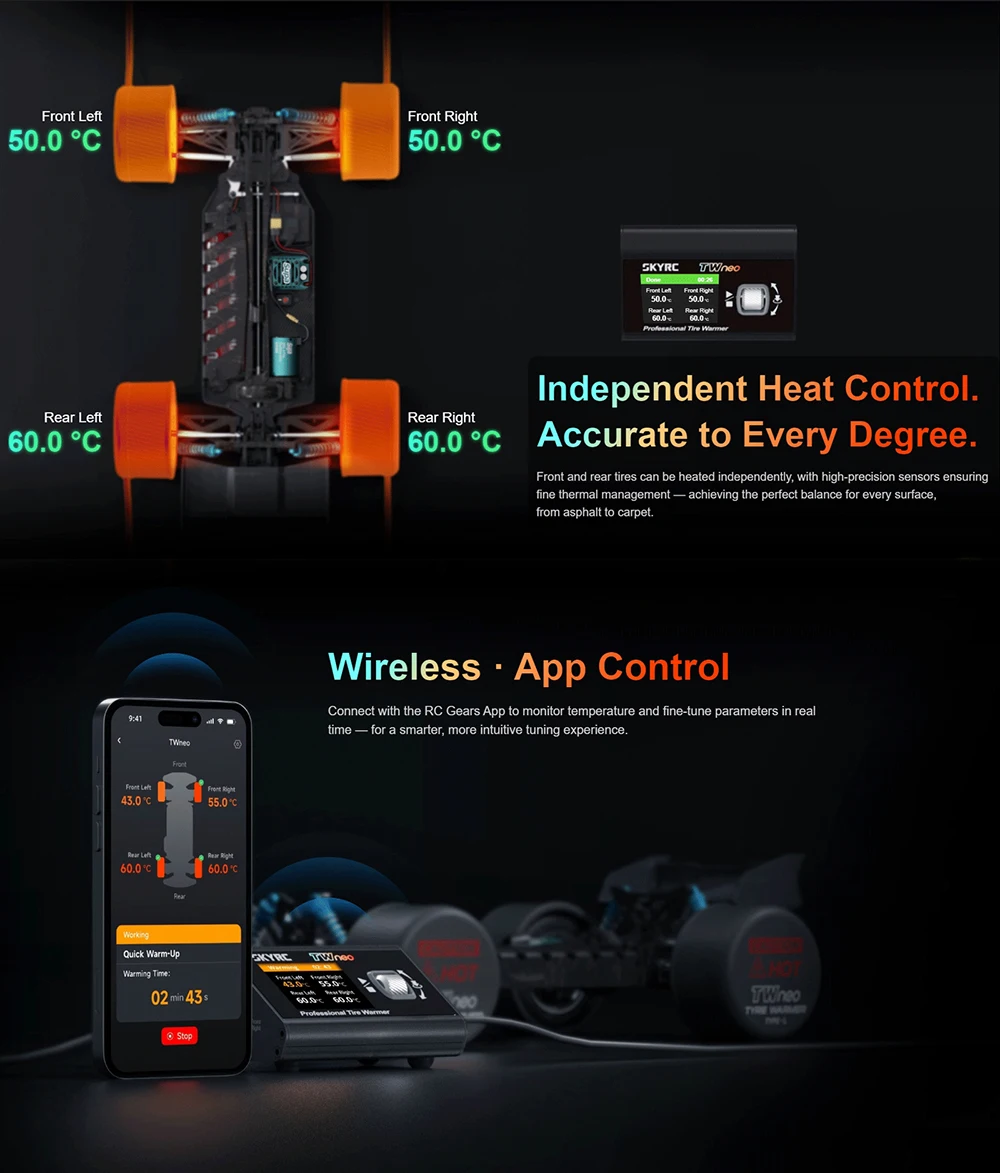 SkyRC TWneo RC Reifenwärmer Heizgerät 20–80 ℃ Unabhängige 4-Rad-Temperaturregelung mit APP-Steuerung für 1/8 & 1/10 RC Straßenrennwagen – Detail 3