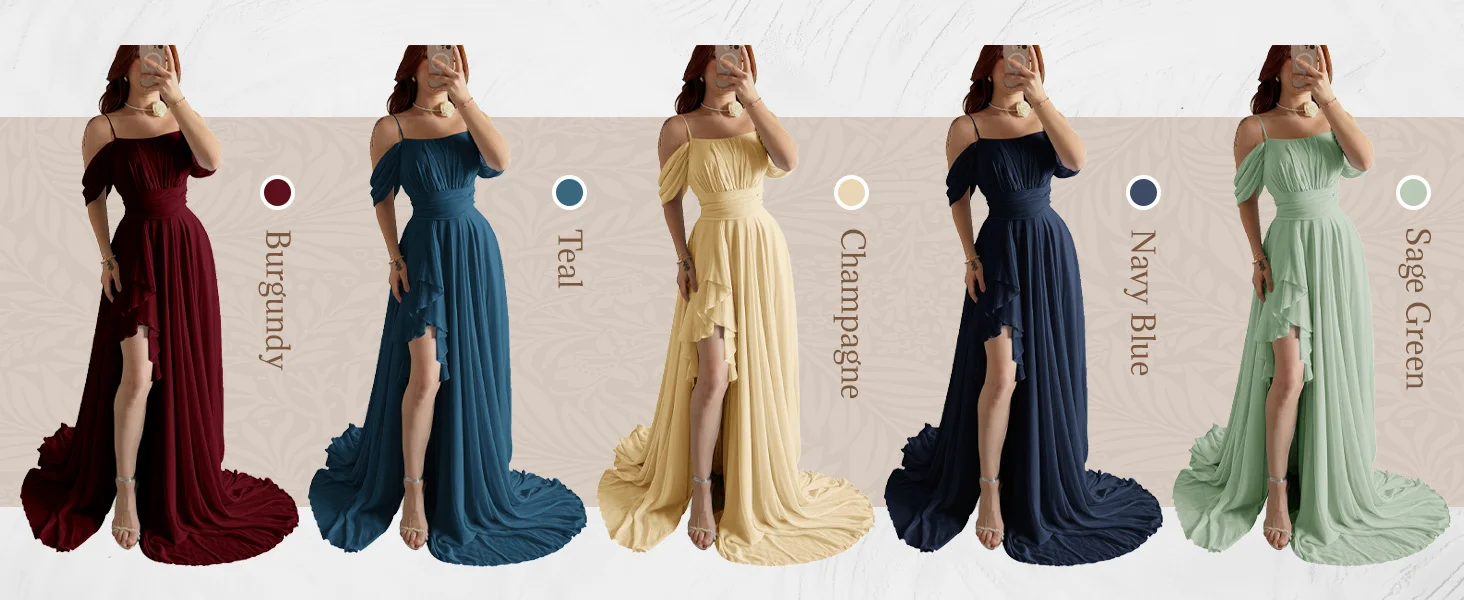 Schulterfreies Chiffon-Brautjungfernkleid mit Schlitz, lang, A-Linie, plissiert, formelles Abendkleid