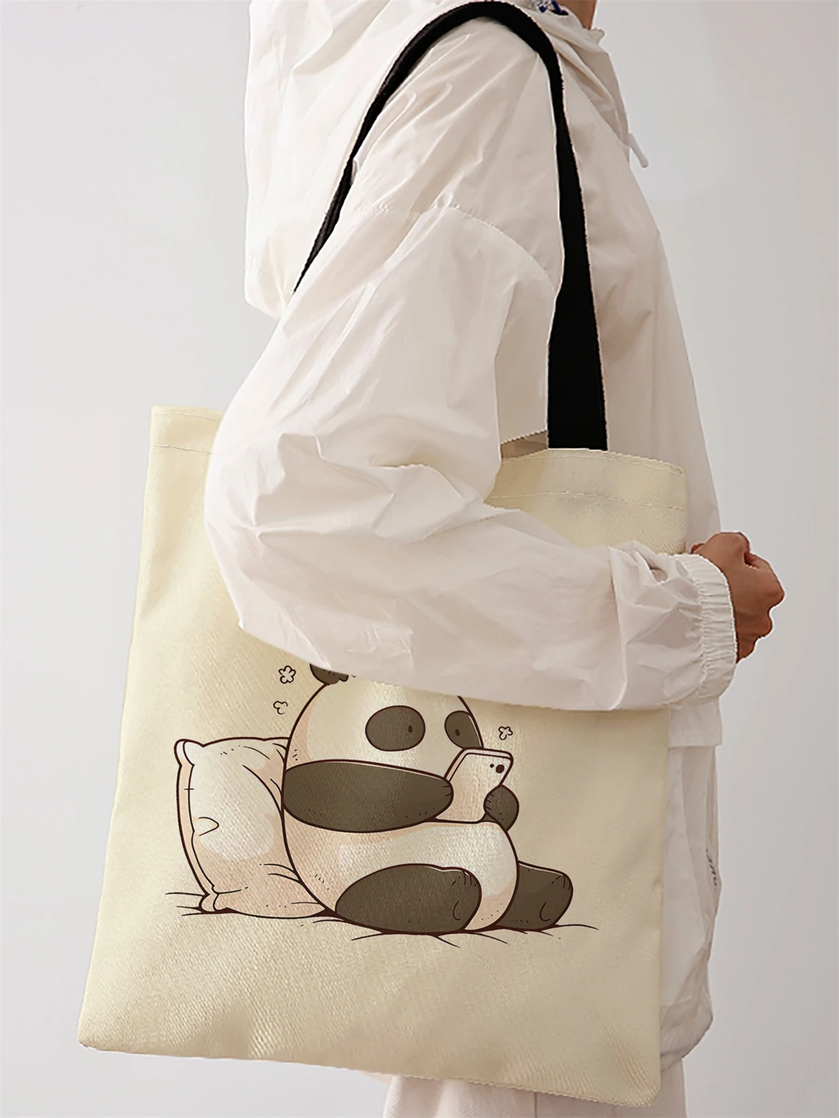 Panda pattern printed casual handbag, reusable fashionable backpack, multifunctional handbag, canvas shopping bag