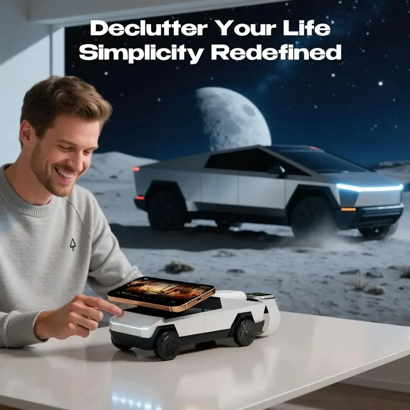 Desktop Cybertruck 3 in 1 Magnetic Fast Wireless Charger Phone Stand For IPhone 17-12 Pro Max Apple & Samsung Watch Airpods Pro