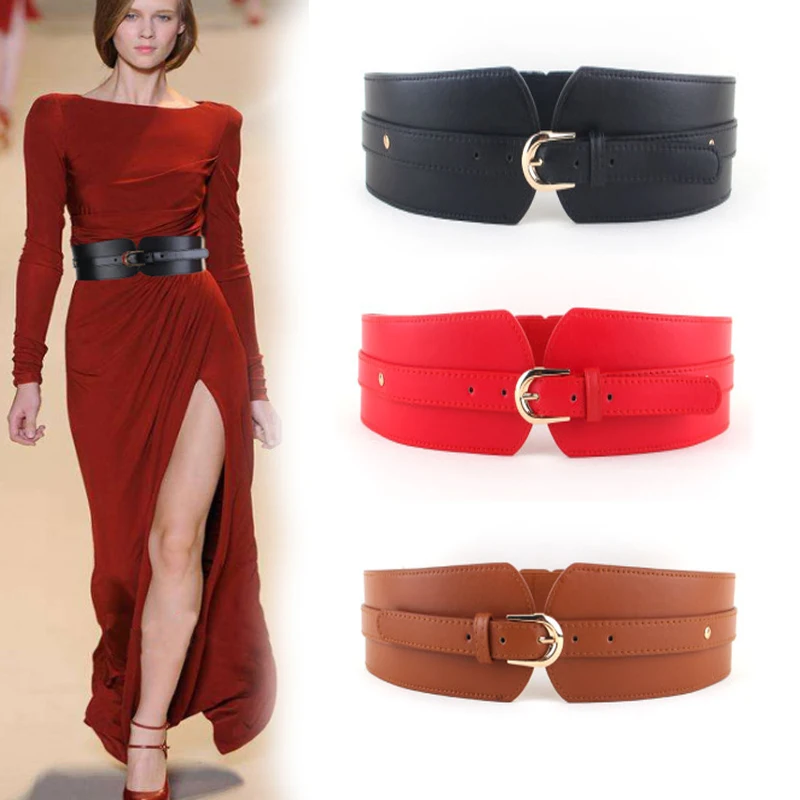 Women Luxury ladies wide belt elastic vintage leather wide fashion wild pin buckle waist Corset Slimming seal belt Strap Female