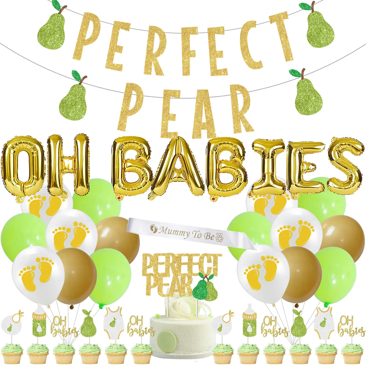 

Cheereveal Pear Theme Twins Baby Shower Decorations Gold Oh Babies Balloons Perfect Pear Banner Cake Topper Mummy To Be Sash Kit