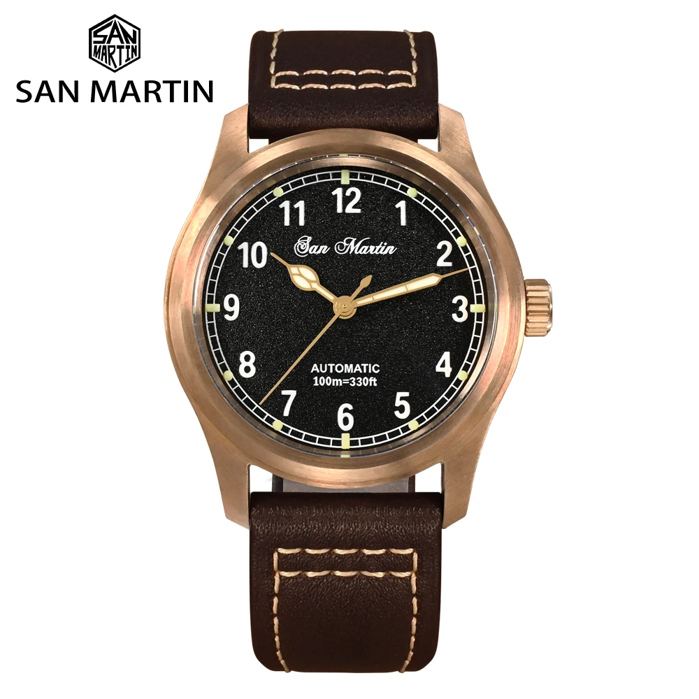 San Martin 37Mm Pilot Men Watch Yn55 Cusn8 Bronze Vintage Military Simple Style Automatic Mechanical Leather 100M Waterproof