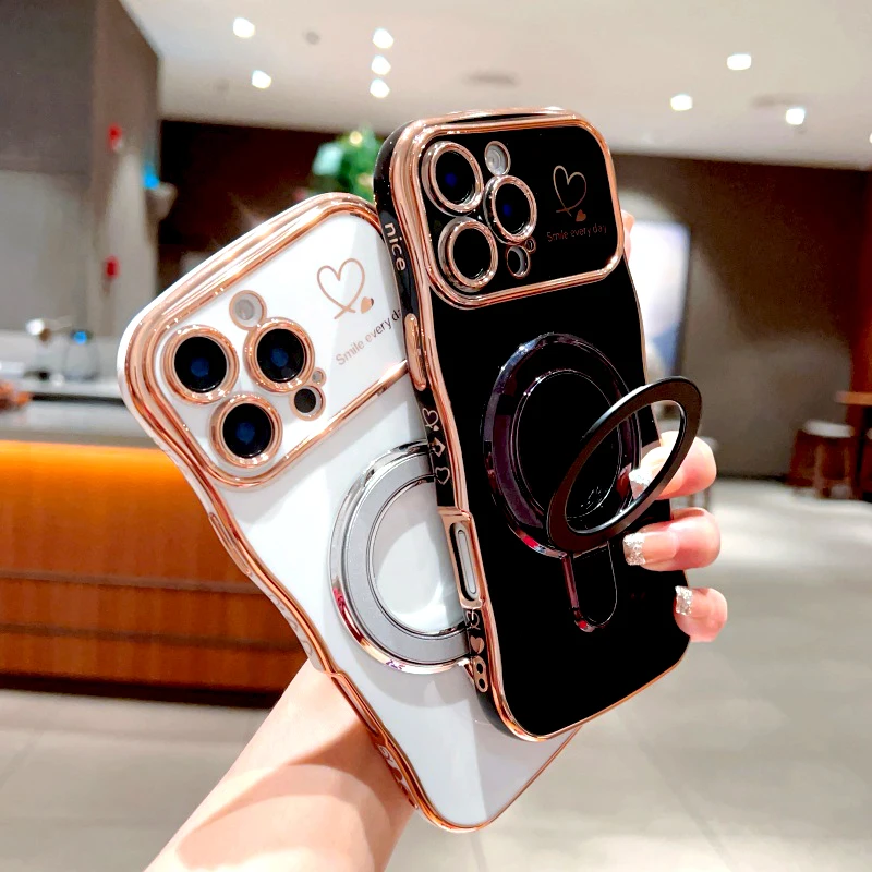 Plating Wave Shell Case For iPhone 16-11 Pro Max Plus Stand Holder Covers