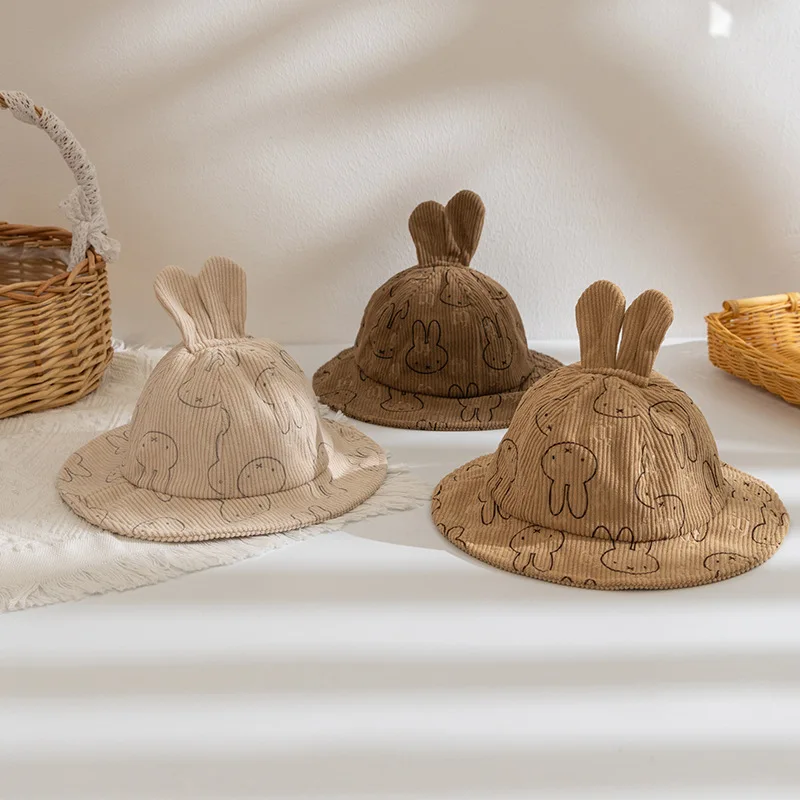 

Miffy Winter Hat Cute Children Autumn Winter Full Print Corduroy Warm Fisherman Hat Student Photo Props Hat Head