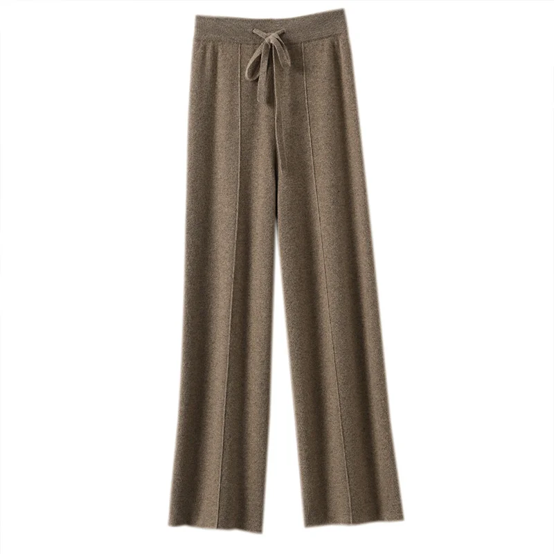 High Waist Knitted Wool Wide Leg Pants Extended Length Dstring Straight Casual Loose Slimming Autumn Winter Faion Ladies