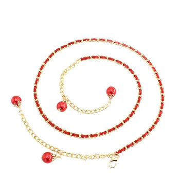 Elegant Pearl Thin Belts For Women Long Pearls Chain Metal Hook Dress Belts Summer Waistband Adjustable Elastic Belts 120*0.8cm 4