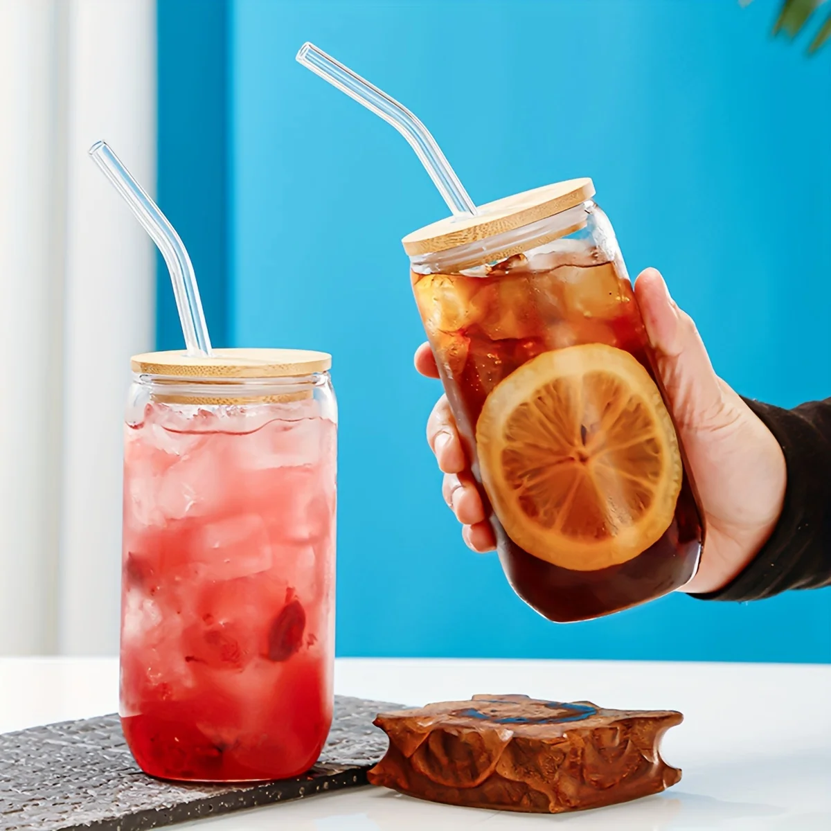 Bamboo lid glass water cup with large straws
