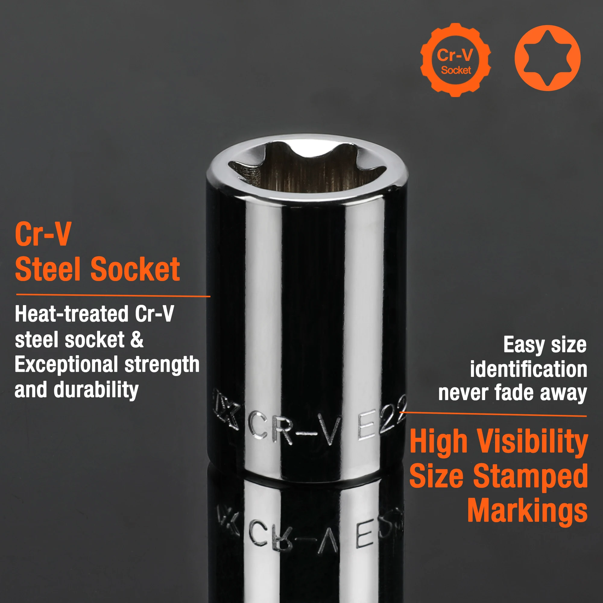 ValueMax 14-Piece Female E-Torx Star Socket Set, 1/4", 3/8" and 1/2" Drive, Female External Star Socket Set with Rail, Cr-V Stee