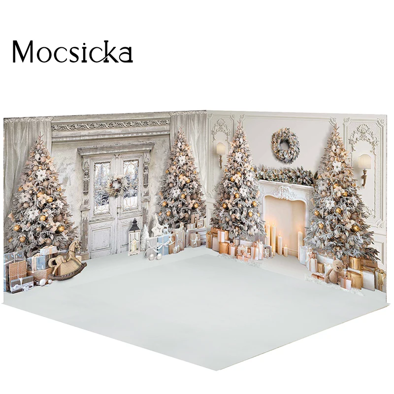 

Mocsicka Christmas Party Photo Background Vintage Wooden Door Fireplace Home Photo Photography Studio Xmas Tree Decoration