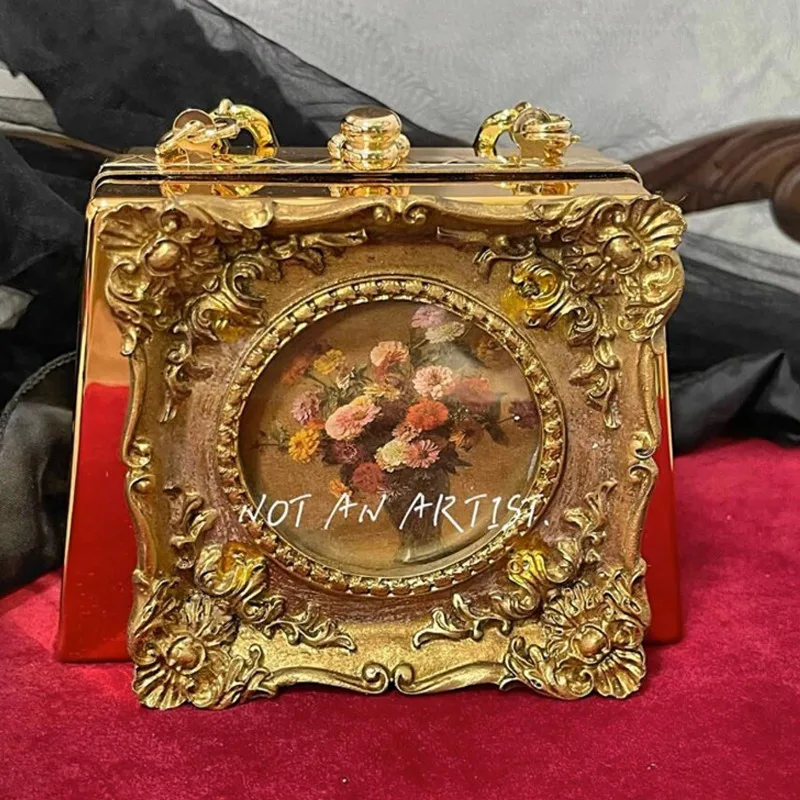 

Gold Acrylic Box Evening Bag Women Clutches Vintage Oil Painting Antique Bag Luxury Designer Mini Wedding Party Shoulder Bag