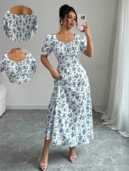 Women's Summer Elegant Casual Puff Sleeve Square Neck White & Blue Floral Print Maxi Dress Luxury Designer dresses 1