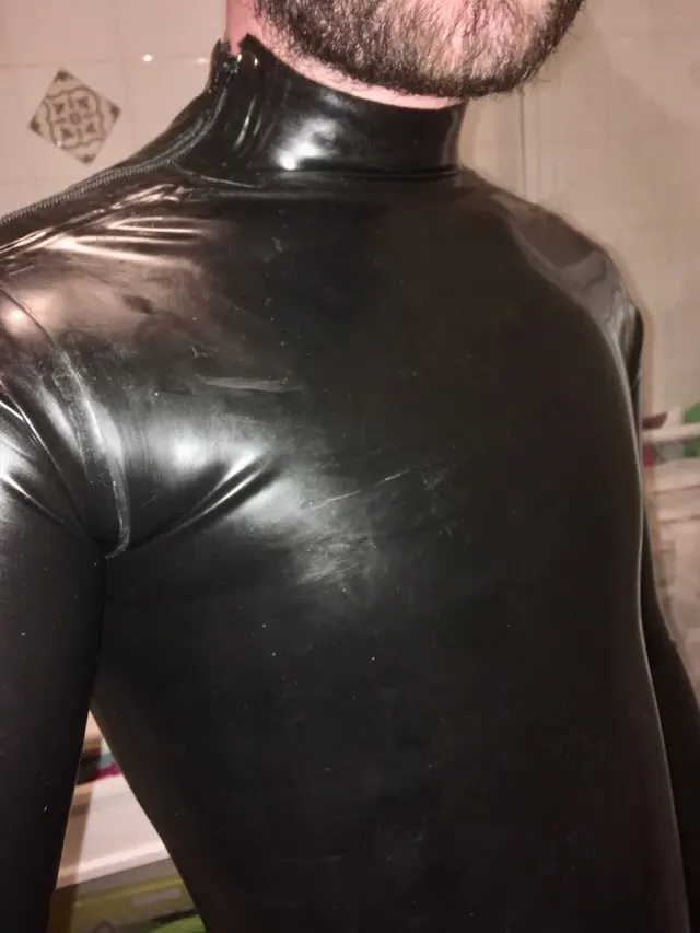 Double Shoulders Diagonal Zipper Men's Full Body Latex Tight Jumpsuit Rubber Catsuit Clothing with Crotch Zip