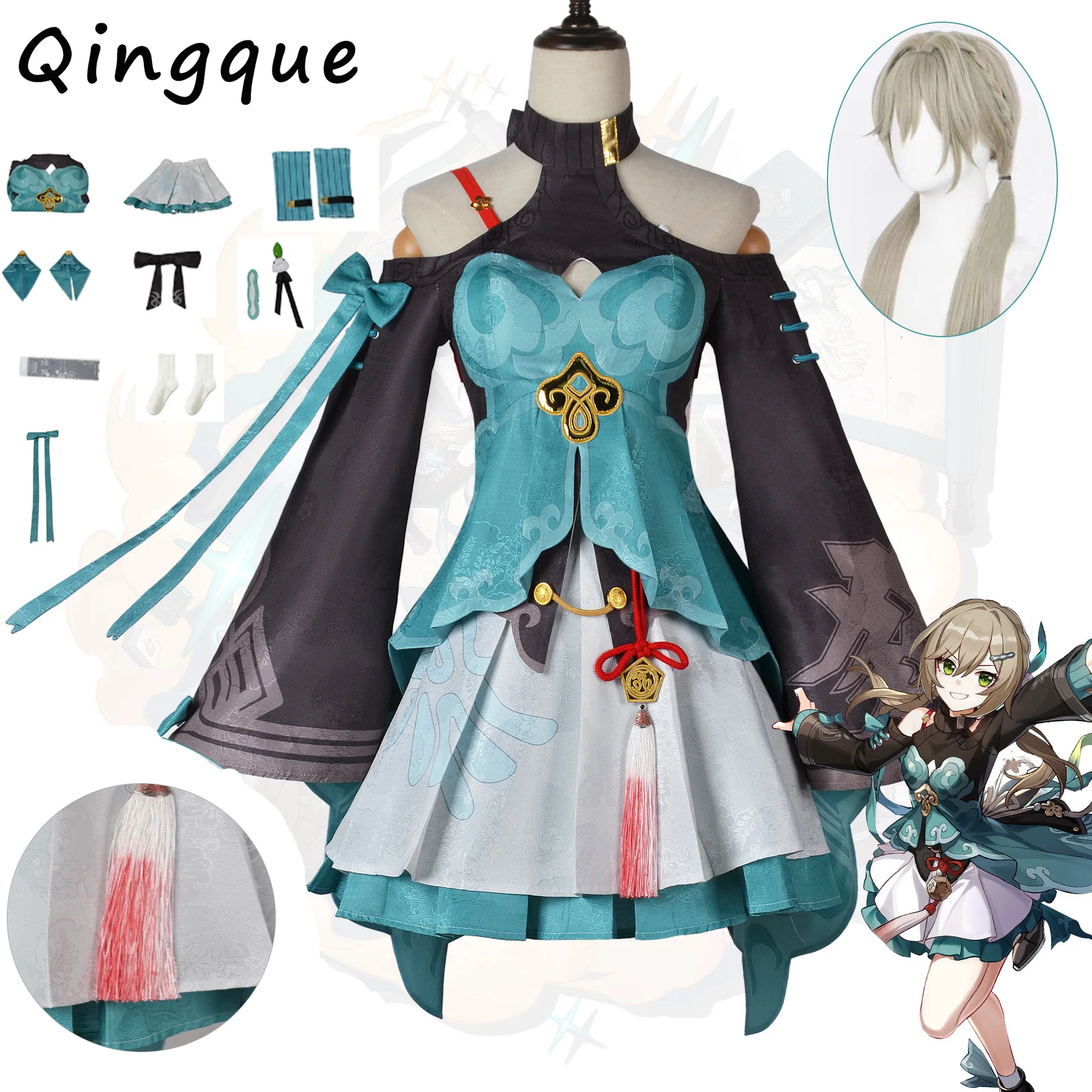 

Qingque Cosplay Honkai Star Rail Costume Headwear Streamer Decorate Wig Full Set Game Cos Halloween Carnival Party Costumes