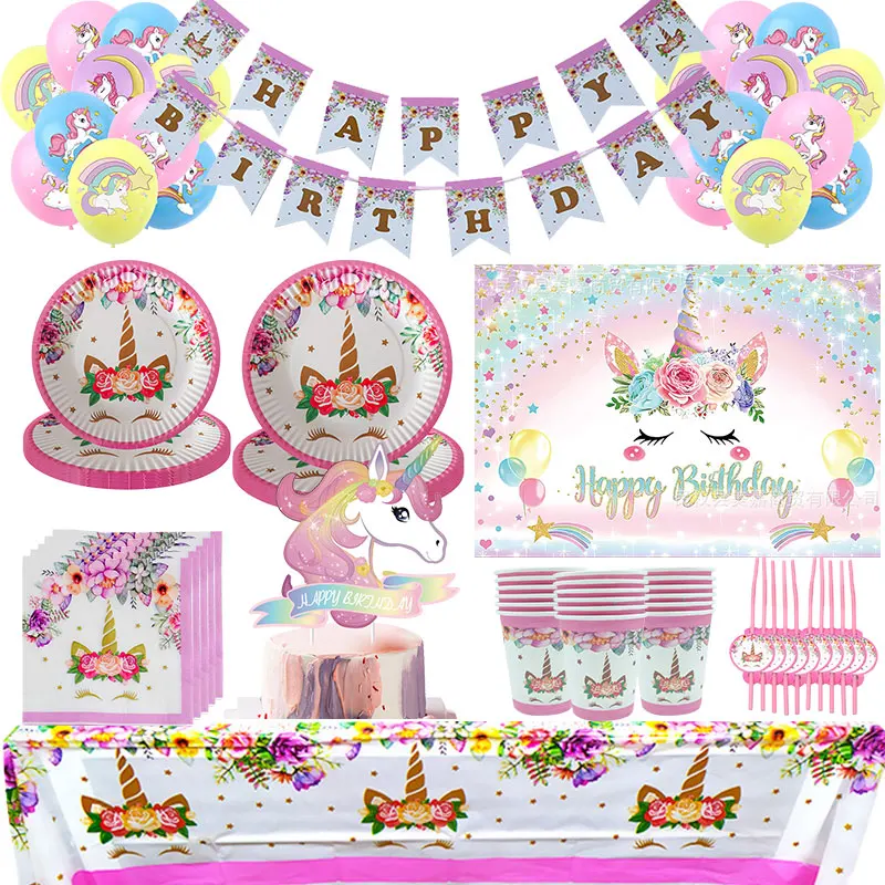 Decoration Unicorn Birthday Girl Tableware Set Balloons Kit Theme Party Gifts Plates Cup Napkins Banner Kids Birthday Supplies