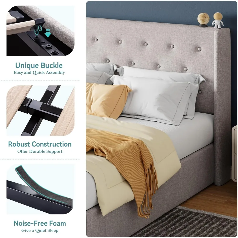 Queen Size Storage Bed with Wingback Headboard Heavy-Duty Upholstered Platform Strong Wooden Slats Support Noise-Free Beige