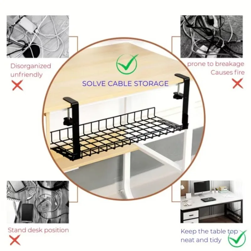Under Table Storage Rack Hanging Desktop Wire Management Tray Metal Cable Storage Basket No Punching Office Shelf Home Organizer