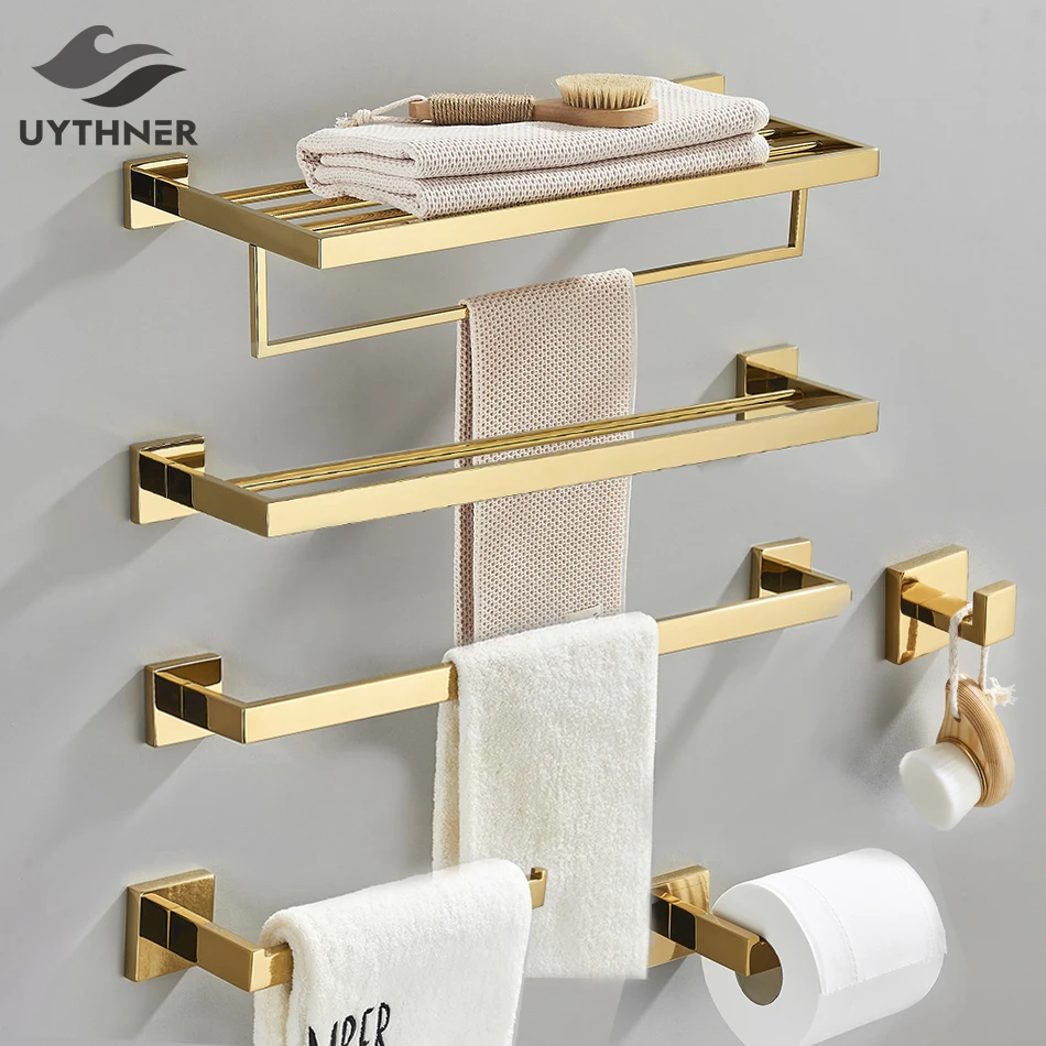 Bathroom Hardware Gold Bathrobe Hook Towel Rail Bar Rack Bar Shelf