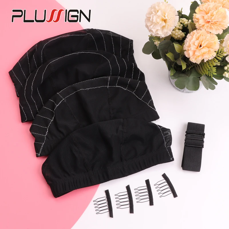 초보자용 Plussign 가발 모자, 4*4 13*4, 5 톱니 블랙 클립, 조절 가능한..