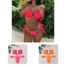  2 Pcs/Set Terrific Swimsuit Chain Breathable Lace Up High Waist Summer Bikini Set 