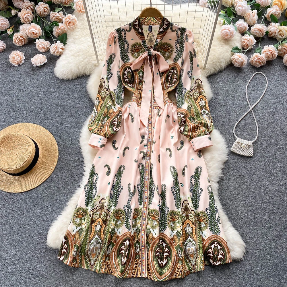 

Dresses Spring and autumn new French court style printed women's bubble long sleeve waist closing large hem long