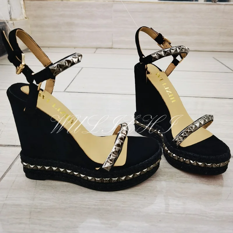 Platform Gold Stud Bead Wedge Leather String Bead Sandals Women Open Round Toe Slingback Buckle Heel Glossy Bordered Casual Shoe