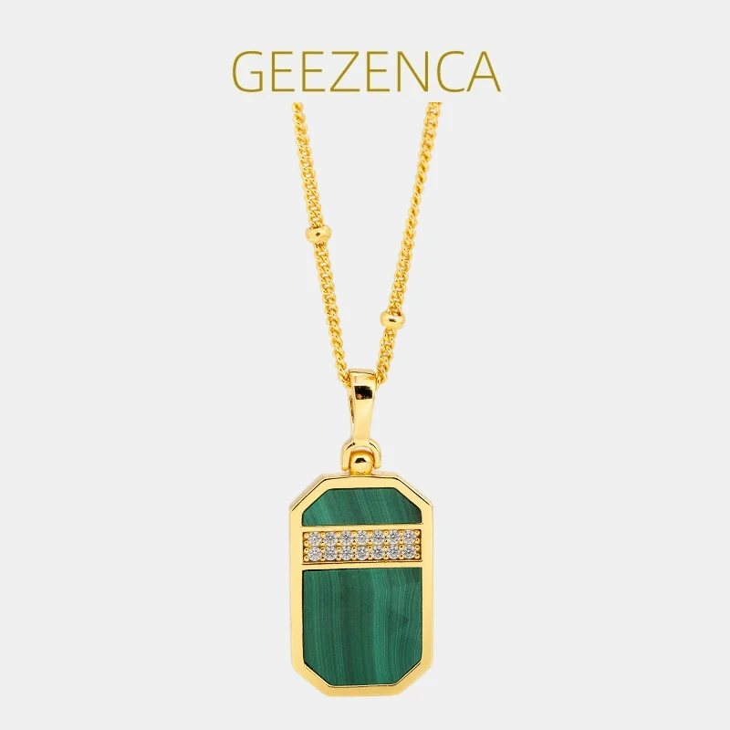 

GEEZENCA Natural Malachite S925 Silver Pendant Necklace For Women Zircon 18K Gold Geometirc Chic Chokers Necklaces 2024 New Gift