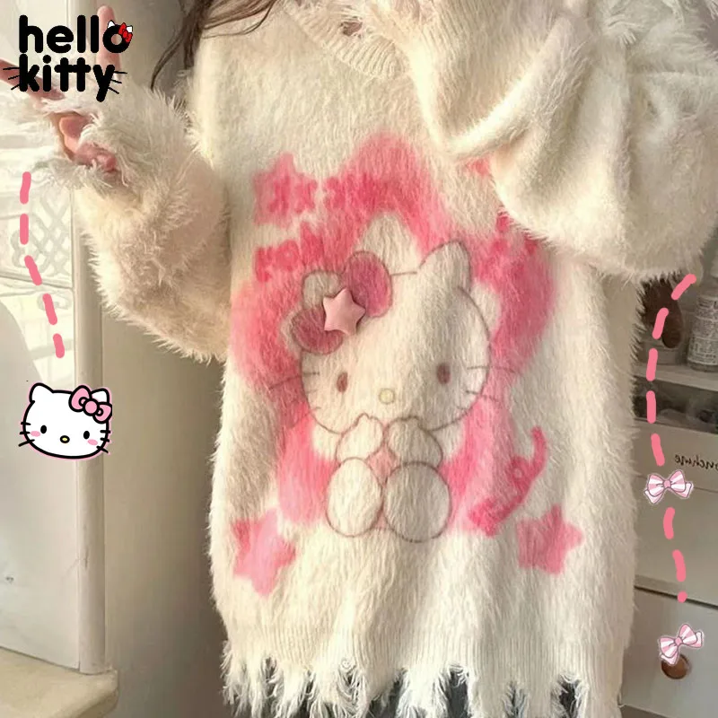 

Preppy Style Hello Kitty Jacket Sweet Cute Printing Pullover Sweater Female Winter Loose Knitwear Leisure Girl Clothes Student