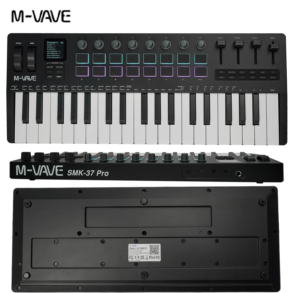 M-VAVE SMK-37 PRO MIDI コントローラー 37 キー セミウェイテッド +