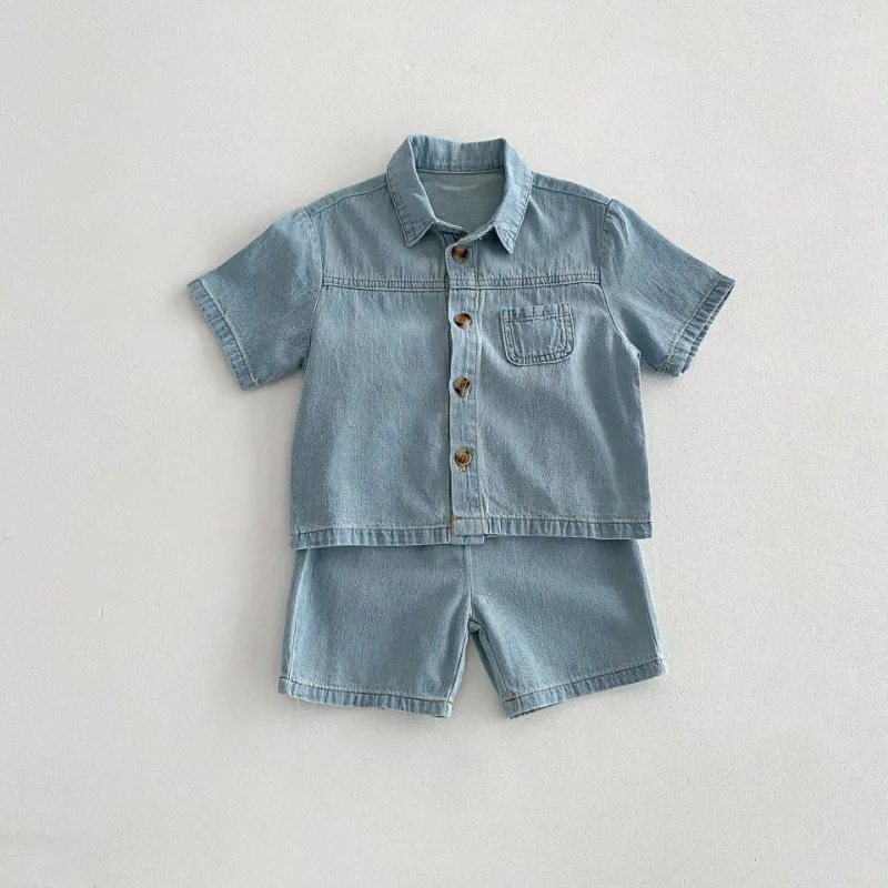 

Children Clothing Set 2024 Summer Boy's Denim Suit Short-sleeved Shirt +Shorts Casual Girl's Two Piece Suit Children's Clothing