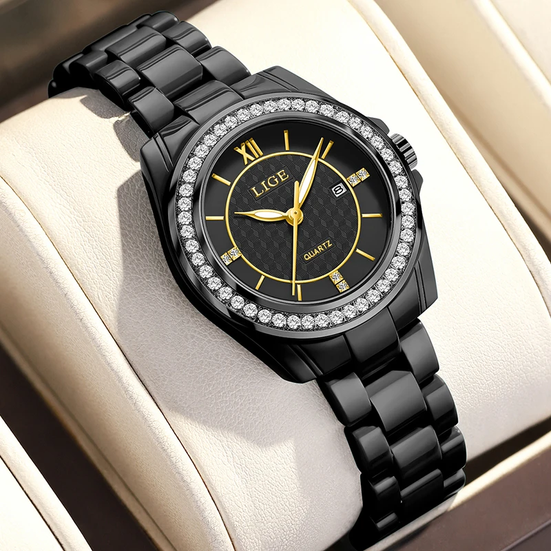 LIGE 2026 New Luxury Black Ceramic Watch Women Fashion Waterproof Luminous Women's Quartz Wristwatch Casual Quartz Chronograph