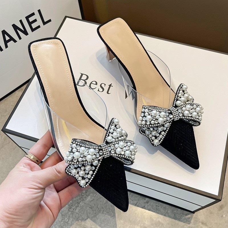 2025 Summer New Slippers Women Xia Liang Bag Head Medium Heel Thick Heel Wear Pointed Single Shoes Drag Women Shoes