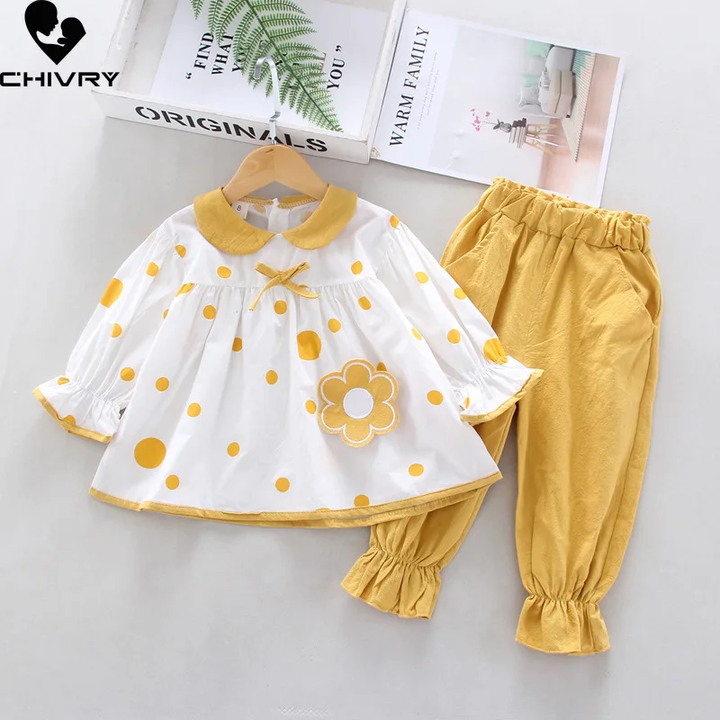 

New 2023 Baby Girls Spring Autumn Fashion Flower Polka Dot Long Sleeve Lapel Tops with Solid Pants Kids Casual Clothing Sets