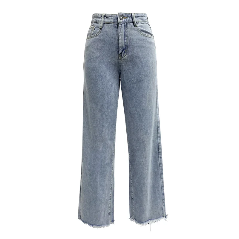 Summer Simple Style Blue Wide Leg Jeans Women Mid Waist Irregular Tassel Denim Pants Female Casual Korean Version Thin Trousers