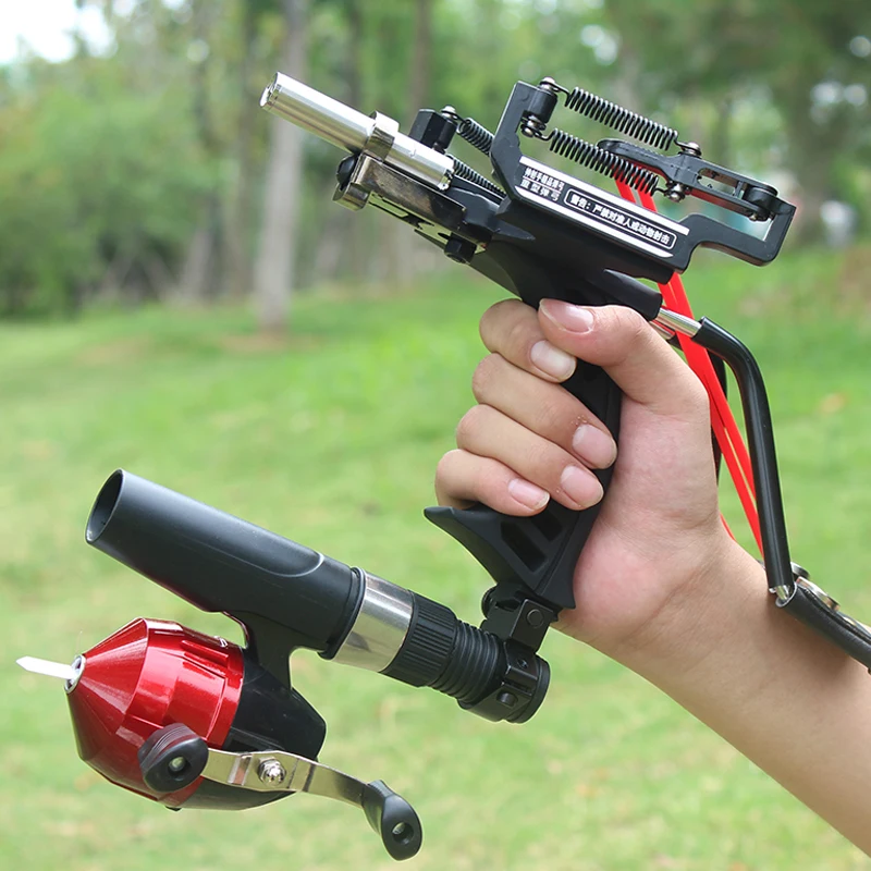 New High-quality Colorful Red/black Color Metal Fish Shooter Outdoor  Hunting Slingshot Powerful Fish Dart Wild Fishing Package