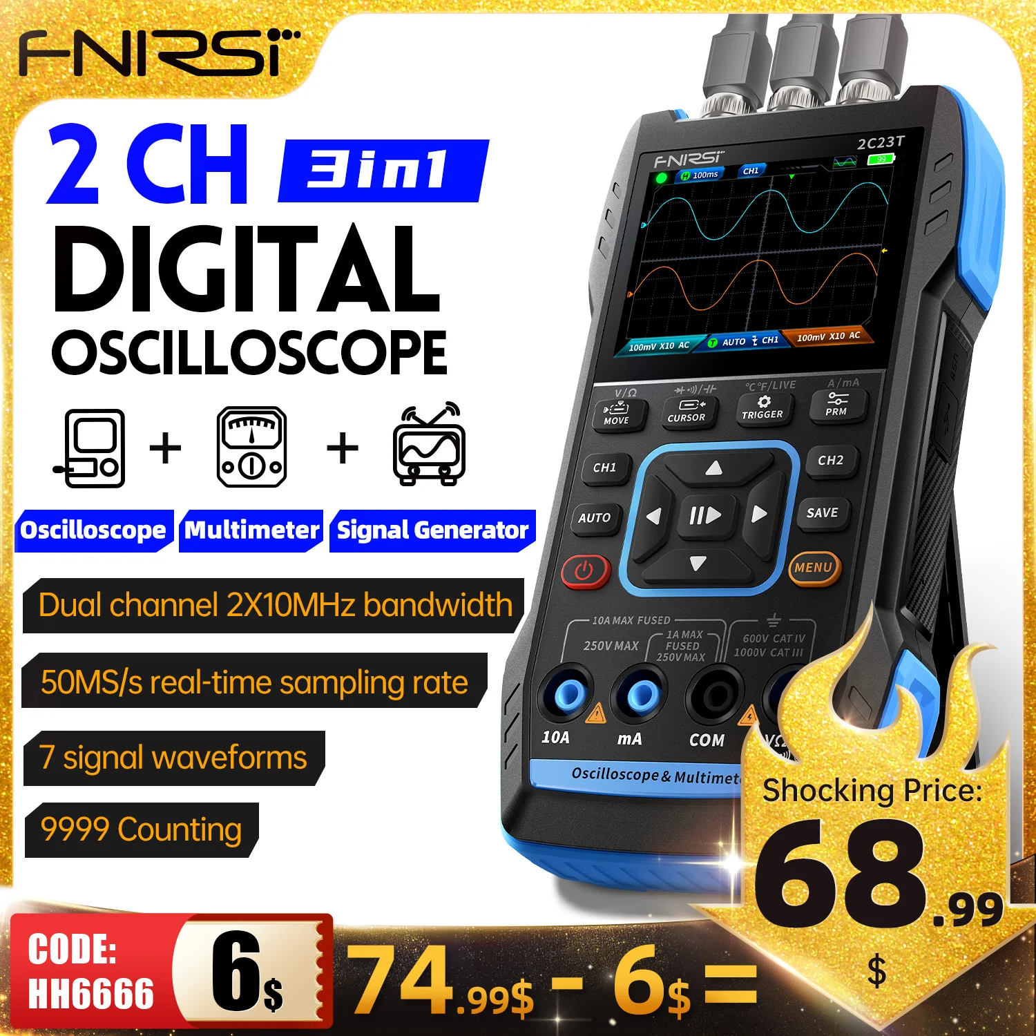 FNIRSI-Osciloscópio Digital Portátil, Multímetro + Função, Gerador de ...