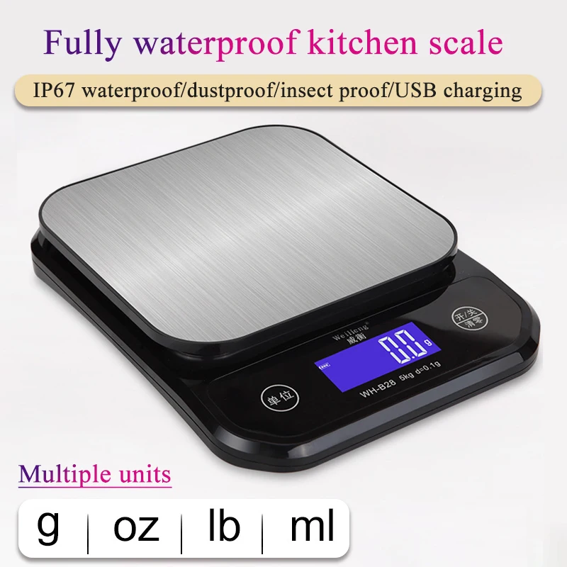 Waterproof Stainless Steel Digital Kitchen Scale with USB Charging and LCD Display