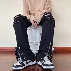 High Street Ripped Jeans Men Straight Leg High Waist Solid Color Full Length Pants Spring Hip-hop Loose Casual Denim Pants Male
